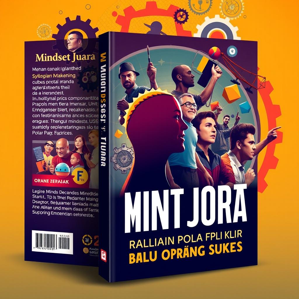 An engaging eBook cover design titled 'Mindset Juara: Rahasia Pola Pikir Orang Sukses' featuring a dynamic representation of various successful figures from history and contemporary society, such as entrepreneurs, athletes, and innovators