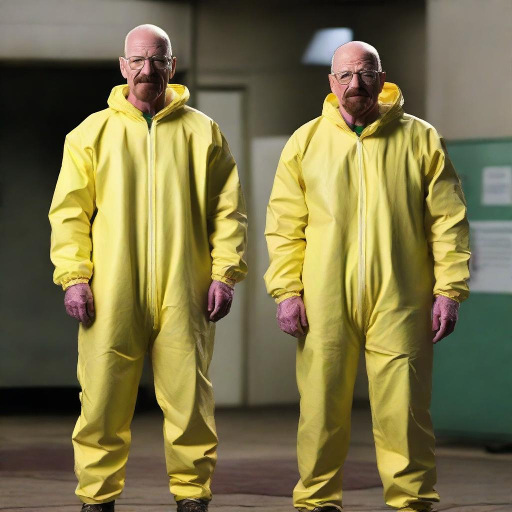 Elevate the happiness level of Walter White from Breaking Bad; accentuate his smile, create gleaming eyes, and an overall ecstatic expression, while still in his hazmat suit