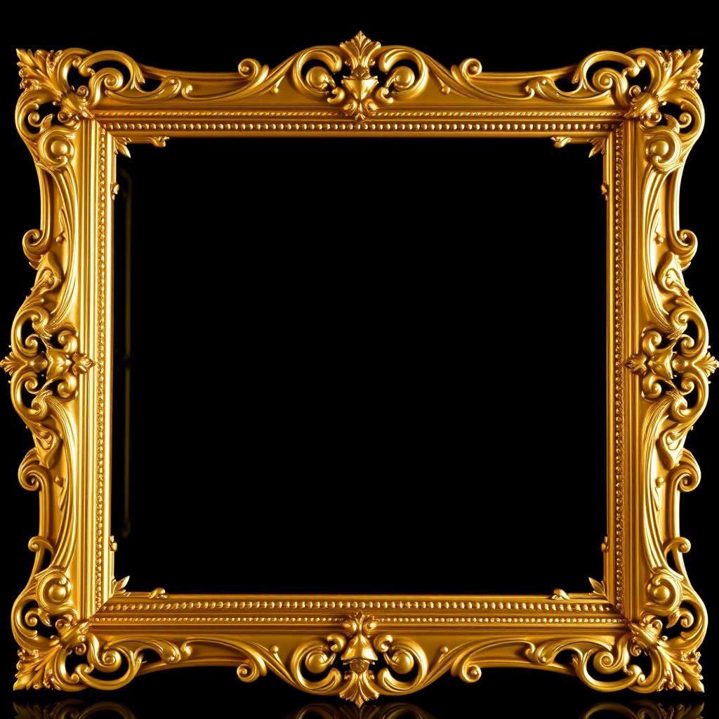 A luxurious and elegant picture frame in a rich gold color with intricate designs, set against a striking black background