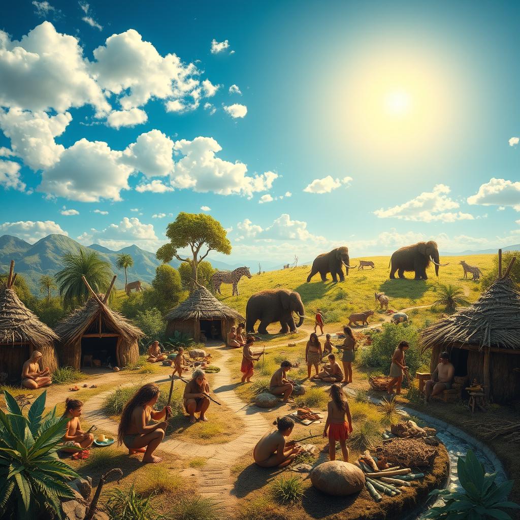 A depiction of the first kingdom of early humans, showcasing a vibrant and lush prehistoric landscape