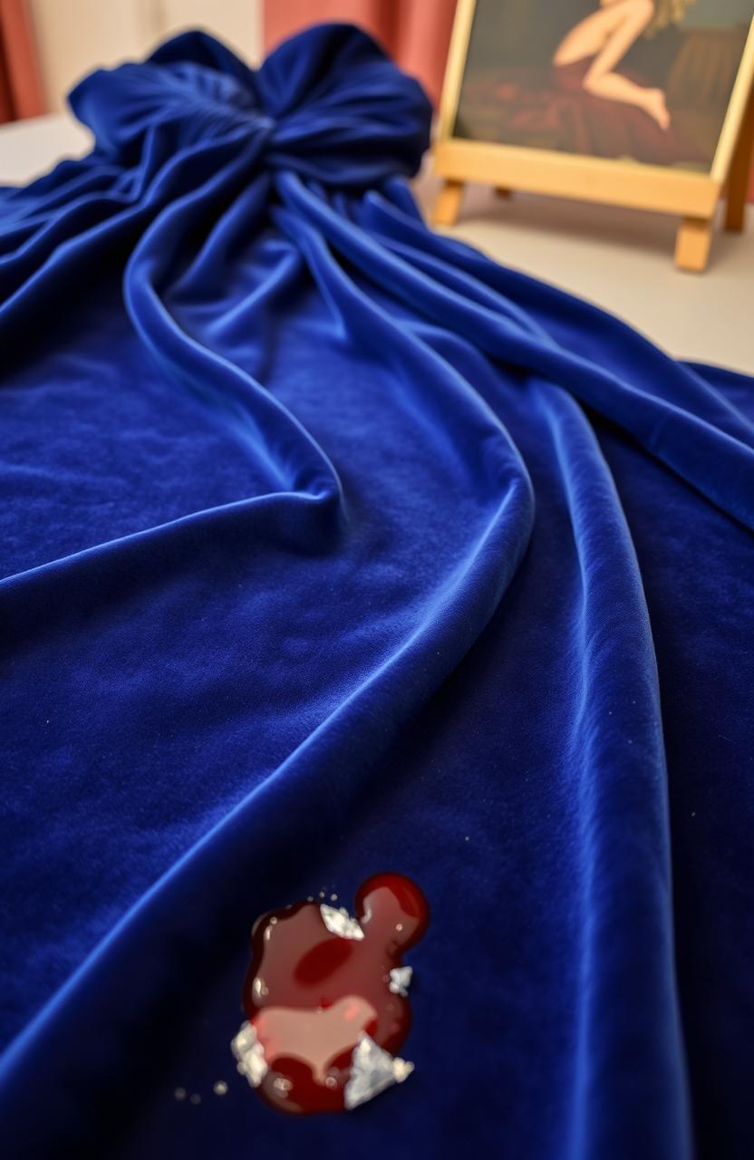 A dark blue velvet dress elegantly draped across a surface, showcasing its luxurious texture
