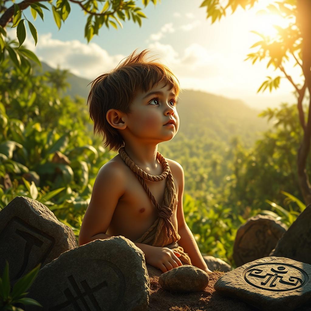 A stunning portrayal of the first son of the first king among early humans, showcasing a primitive yet majestic atmosphere