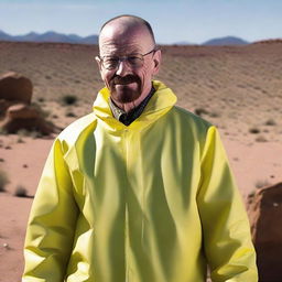 Elevate the happiness level of Walter White from Breaking Bad; accentuate his smile, create gleaming eyes, and an overall ecstatic expression, while still in his hazmat suit