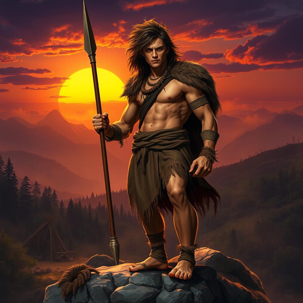 A powerful depiction of the strong and warrior-like eldest son of the first king among early humans, set in a dramatic prehistoric landscape