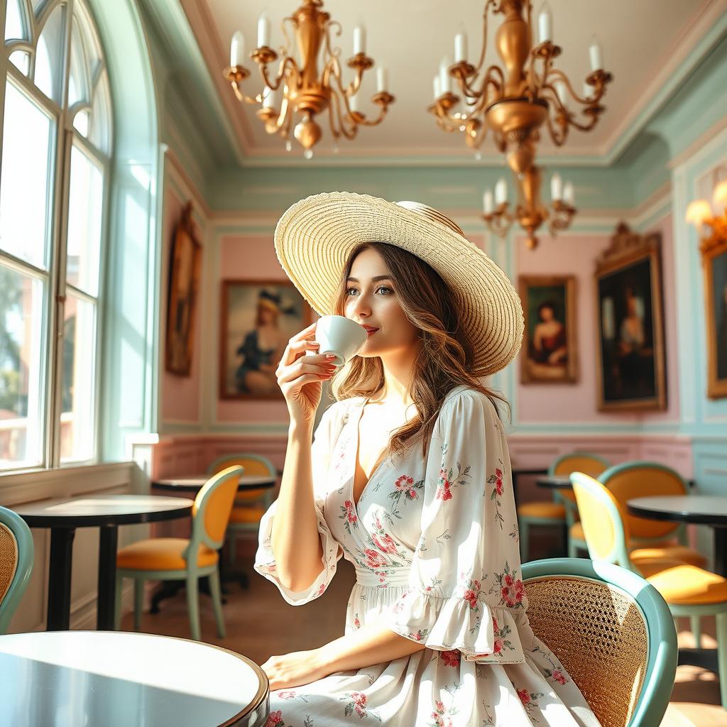 A female model inside a vibrant, luxurious cafe decorated with soft pastel colors, featuring elegant chandeliers and vintage wall art
