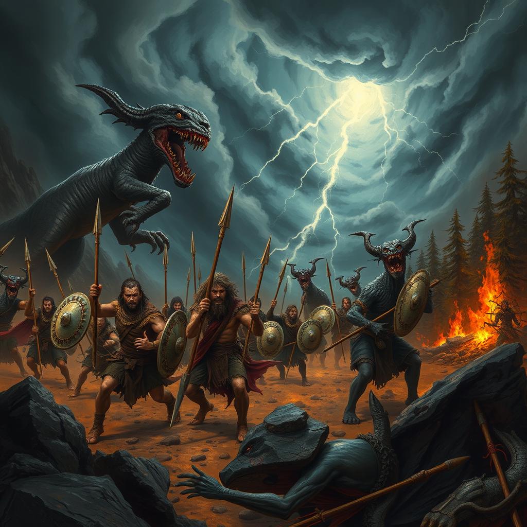 An epic battle scene showcasing the struggles of an ancient human kingdom fighting against demonic creatures