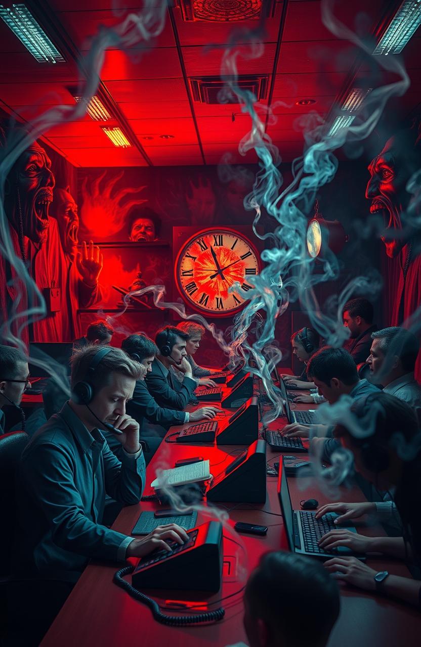 A surreal depiction of a chaotic call center filled with hellish elements