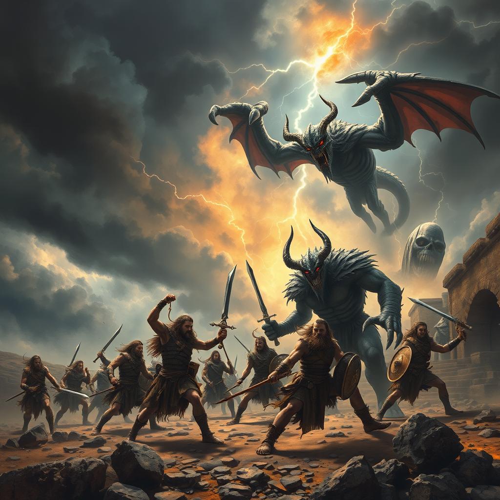 An epic battle scene depicting the struggle of an ancient human kingdom against formidable demons