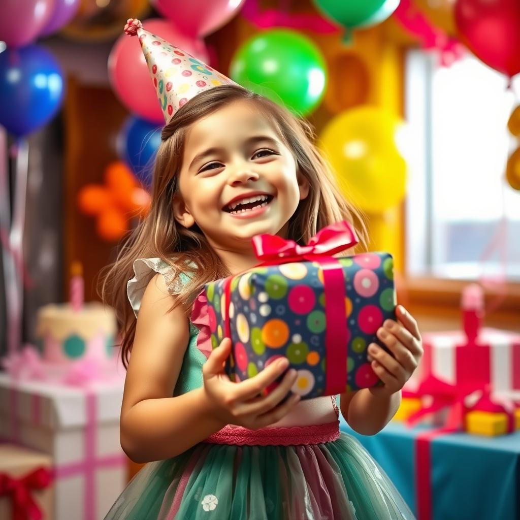 A cheerful birthday girl joyfully holding a beautifully wrapped gift in a colorful setting, with balloons and decorations in the background