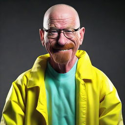 Modify Walter White's expression to bear a Dr. Seuss style exaggerated, goofy, and contagious smile, keeping his hazmat suit