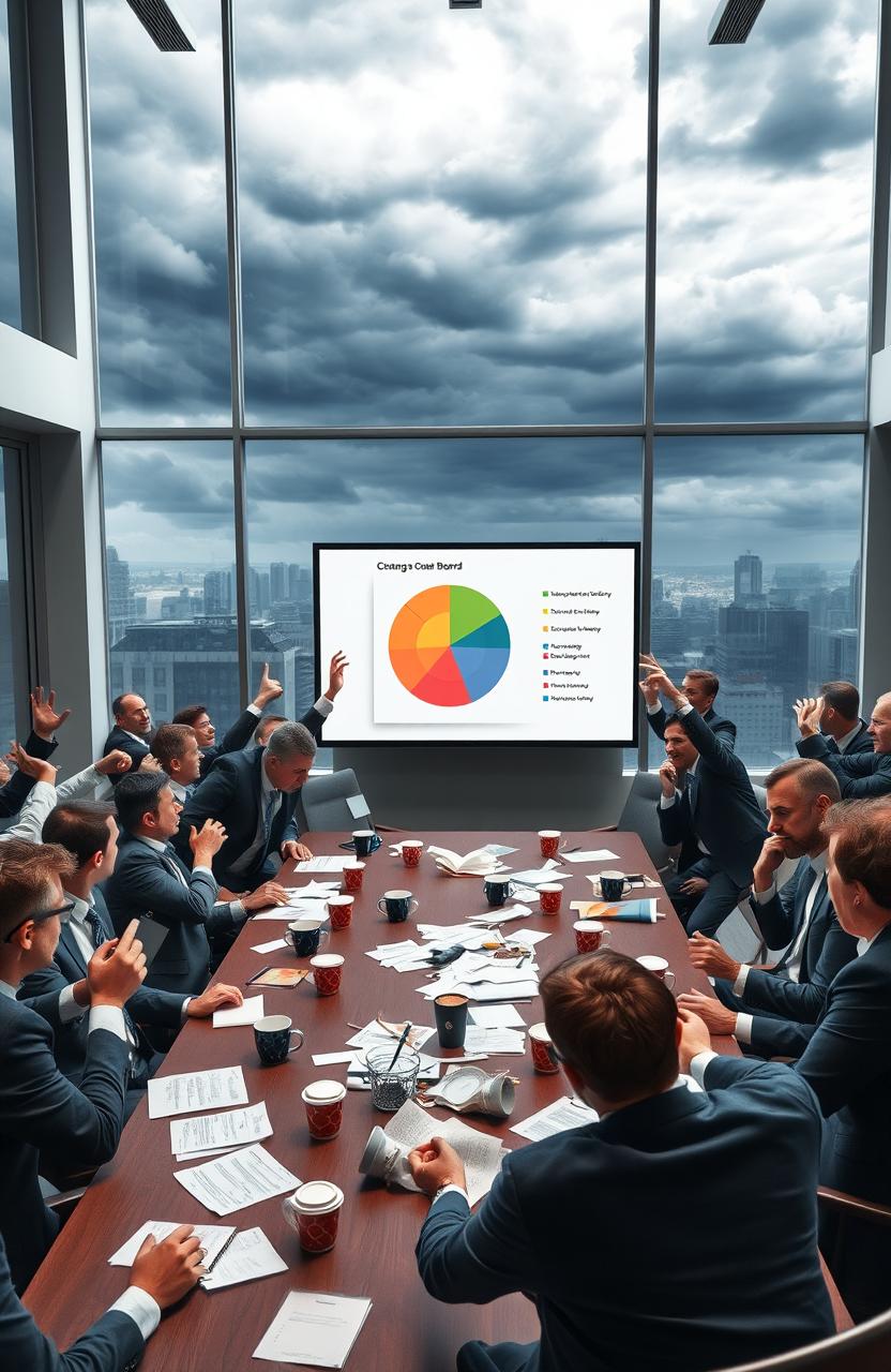 A chaotic board meeting scene set in a modern conference room, where intense discussions are taking place