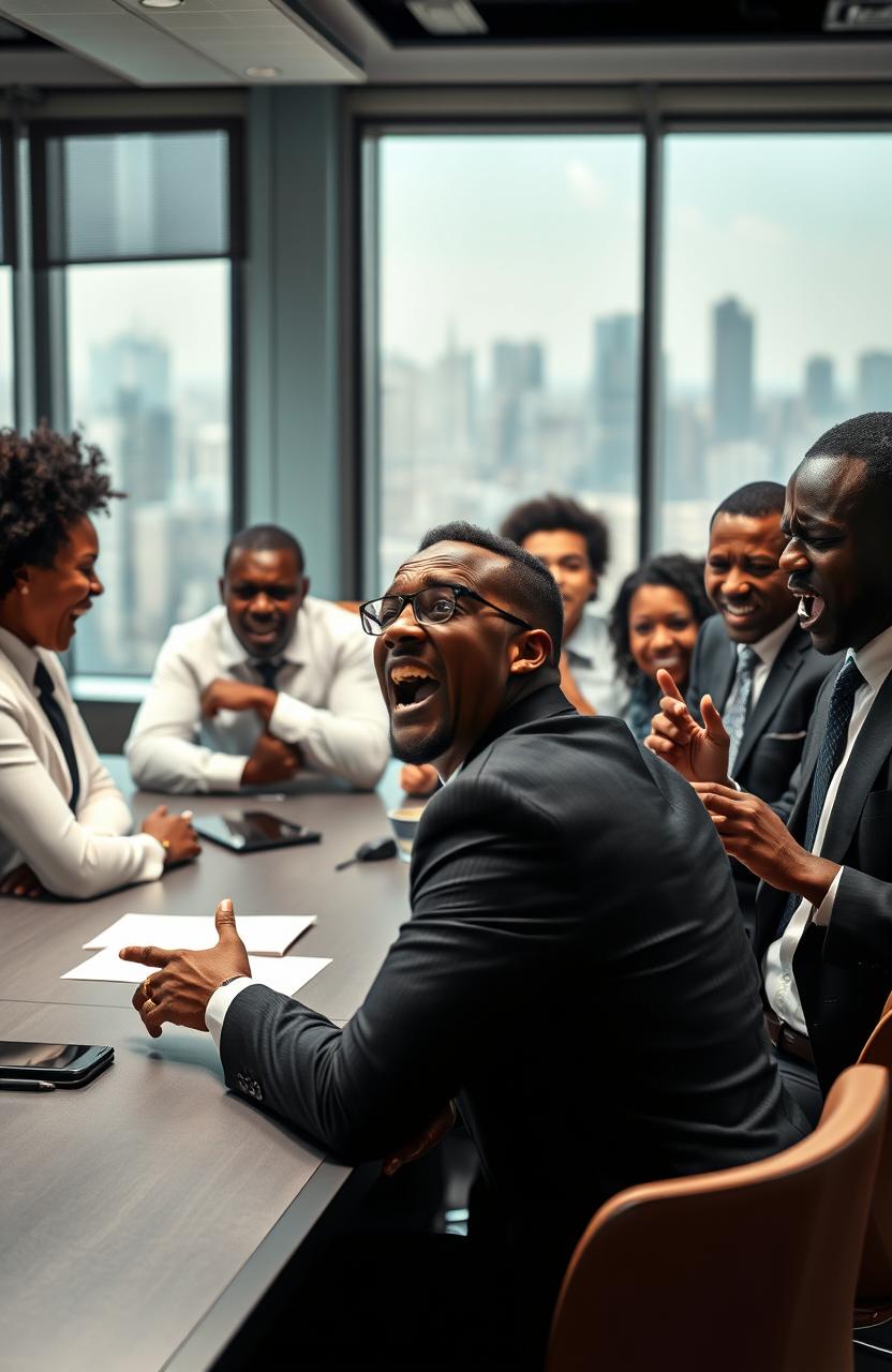 A chaotic board meeting filled with dramatic tension, featuring a diverse group of Black professionals in sharp business attire