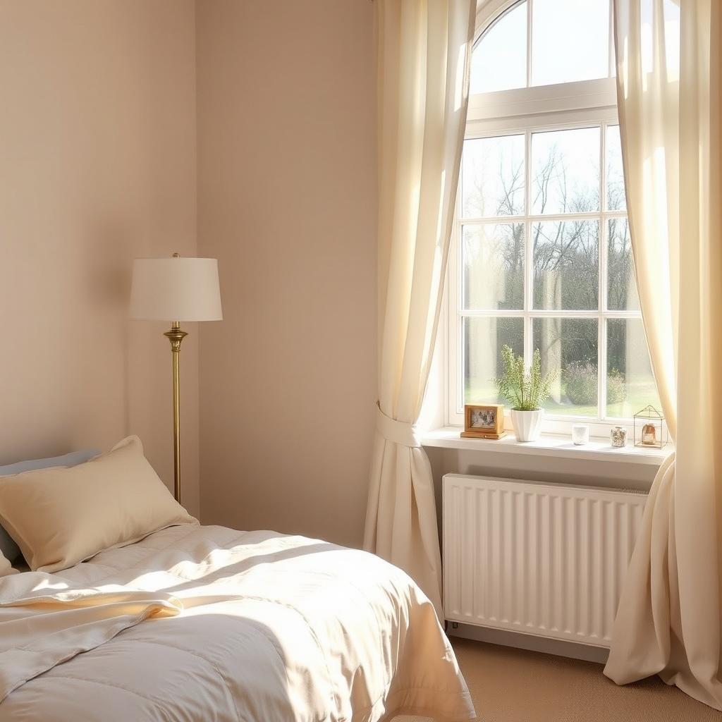 A cozy small bedroom interior focusing on the left side featuring a neatly made twin bed with soft bedding in pastel colors, positioned against the left wall