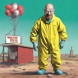 Modify Walter White's expression to bear a Dr. Seuss style exaggerated, goofy, and contagious smile, keeping his hazmat suit