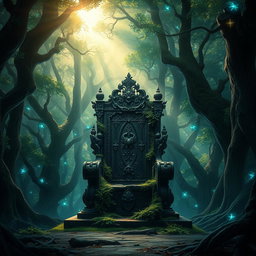 A majestic broken throne set in an ancient, enchanted forest, surrounded by towering trees with bioluminescent leaves, casting soft glows in shades of blue and green