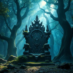 A majestic broken throne set in an ancient, enchanted forest, surrounded by towering trees with bioluminescent leaves, casting soft glows in shades of blue and green