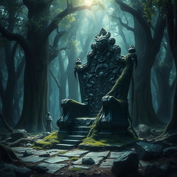 A majestic broken throne set in an ancient, enchanted forest, surrounded by towering trees with bioluminescent leaves, casting soft glows in shades of blue and green