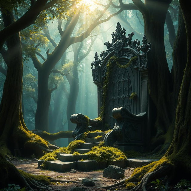 A majestic broken throne set in an ancient, enchanted forest, surrounded by towering trees with bioluminescent leaves, casting soft glows in shades of blue and green