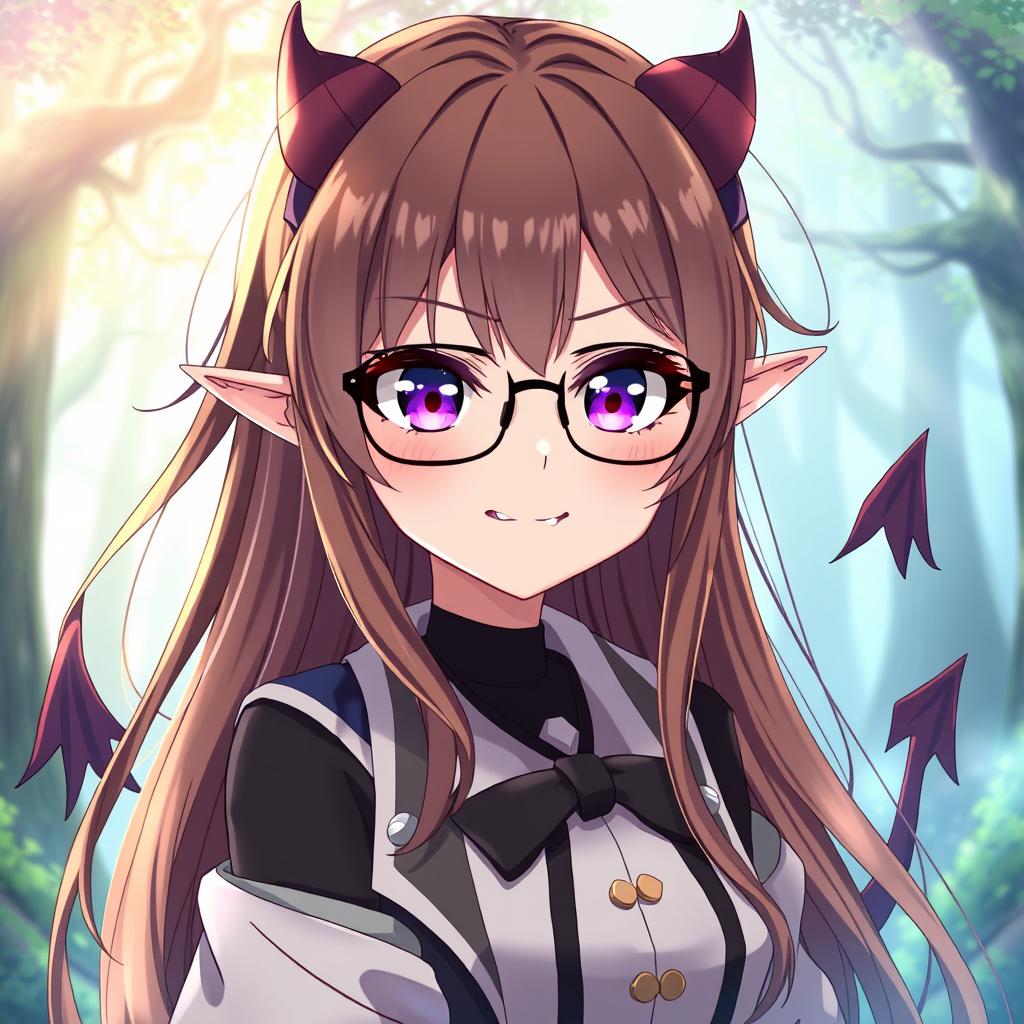 An anime demon girl featuring long, flowing brown hair and striking purple eyes, wearing fashionable glasses