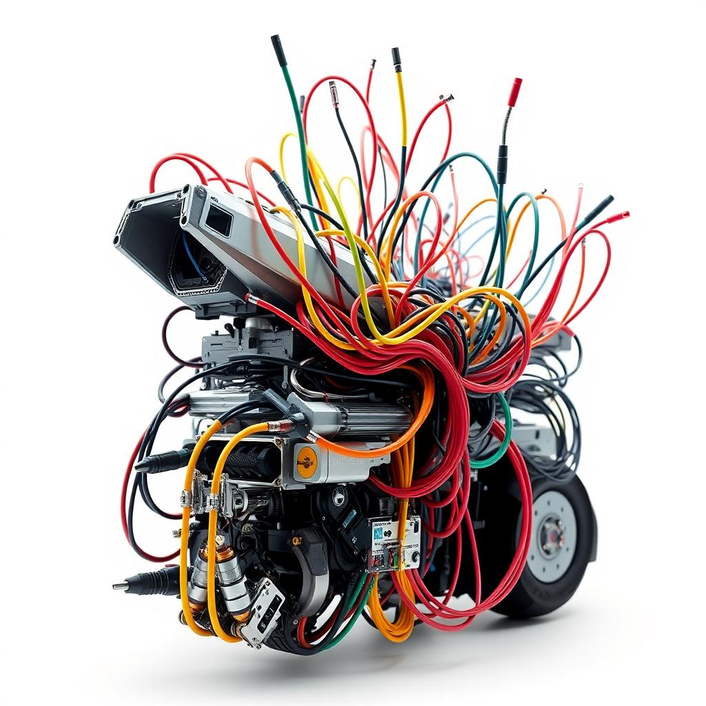 A futuristic hybrid machine with numerous colorful cables protruding from it, intricately detailed and set against a clean white background