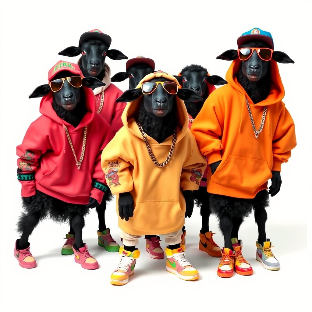A group of black sheep dressed in vibrant hip hop fashion, showcasing oversized hoodies, stylish caps, and colorful sneakers