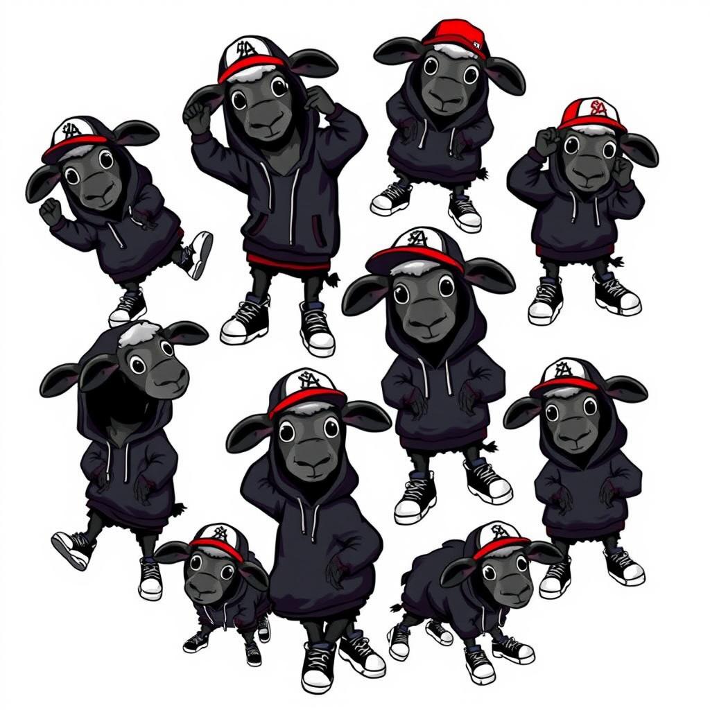A stylized circle filled with black sheep, each dressed in hip hop fashion with oversized hoodies, caps, and sneakers