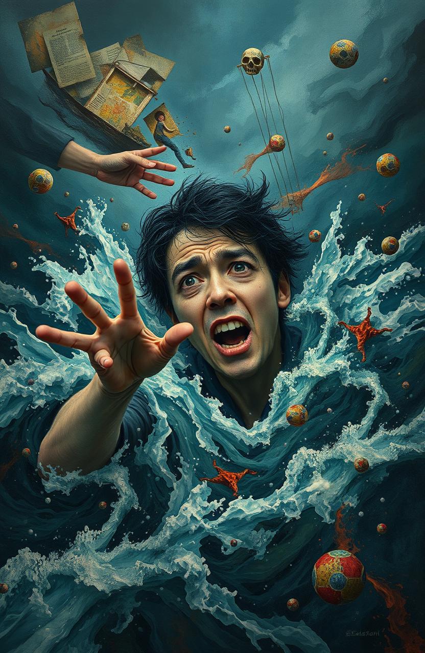 A surreal and chaotic scene depicting a person struggling amidst waves of overwhelming emotions, represented by turbulent waters in a stormy backdrop