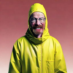 Modify Walter White's expression to bear a Dr. Seuss style exaggerated, goofy, and contagious smile, keeping his hazmat suit