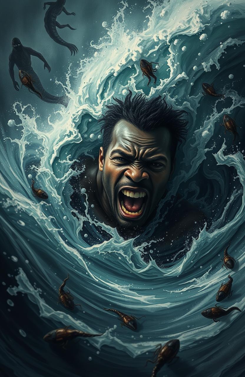 An intense and chaotic scene depicting a drowning black man in turbulent waters, surrounded by a swirling vortex of dark emotions symbolized by stormy waves and debris