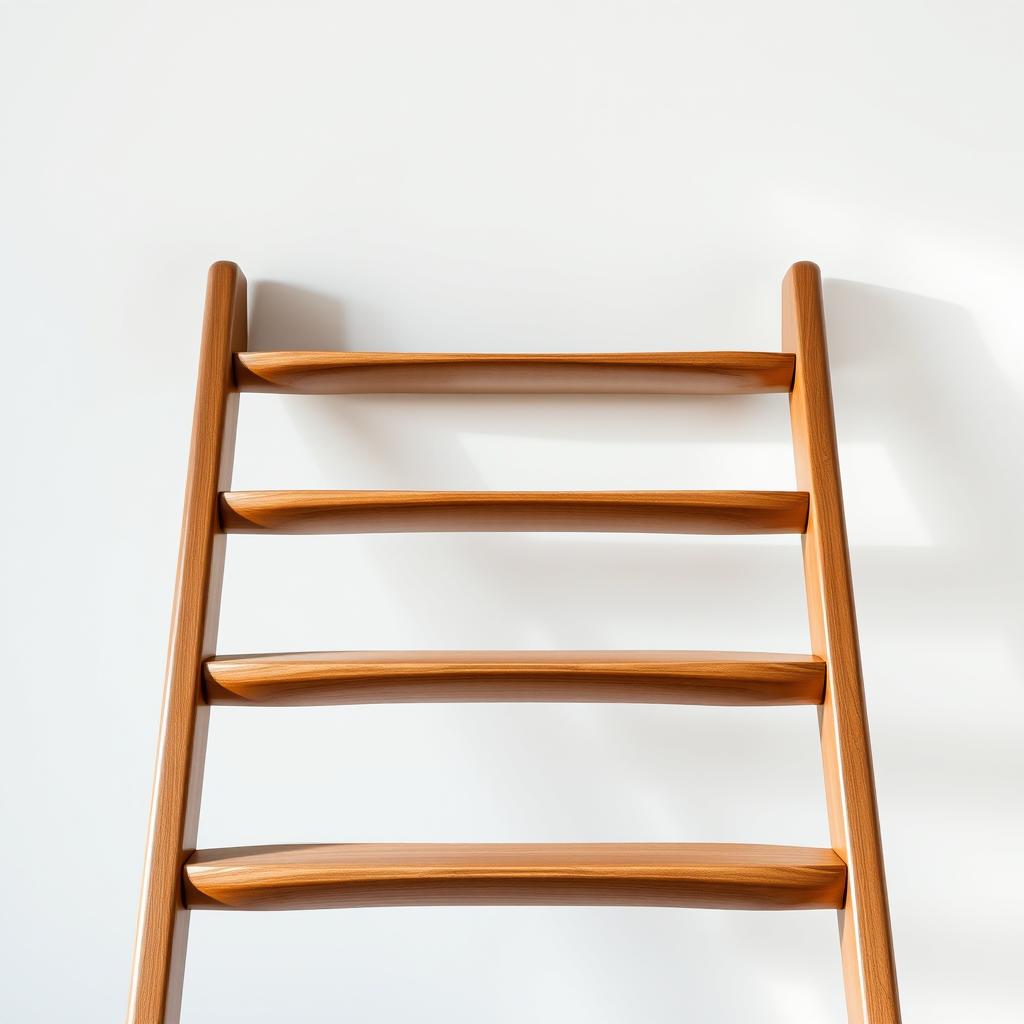 A beautifully designed horizontal ladder with seven distinct steps, set against a clean minimalist background
