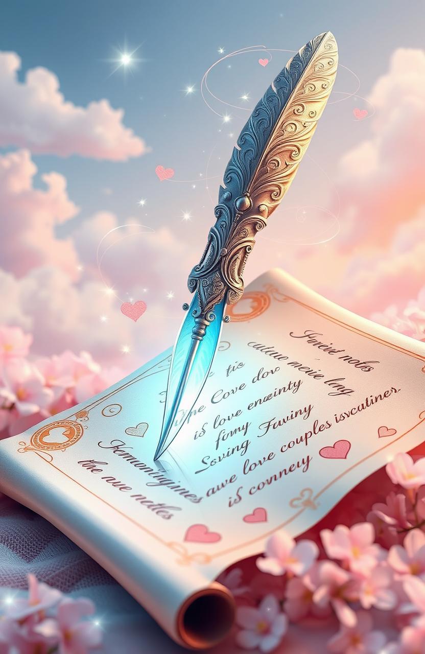 An enchanted quill with an intricate design, made of silver and adorned with mystical runes, lying atop a magical scroll