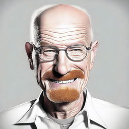 Further enhance the smile of Walter White to be even more exaggerated, cartoonish, and jubilant - inspired by a Dr. Seuss character's grin