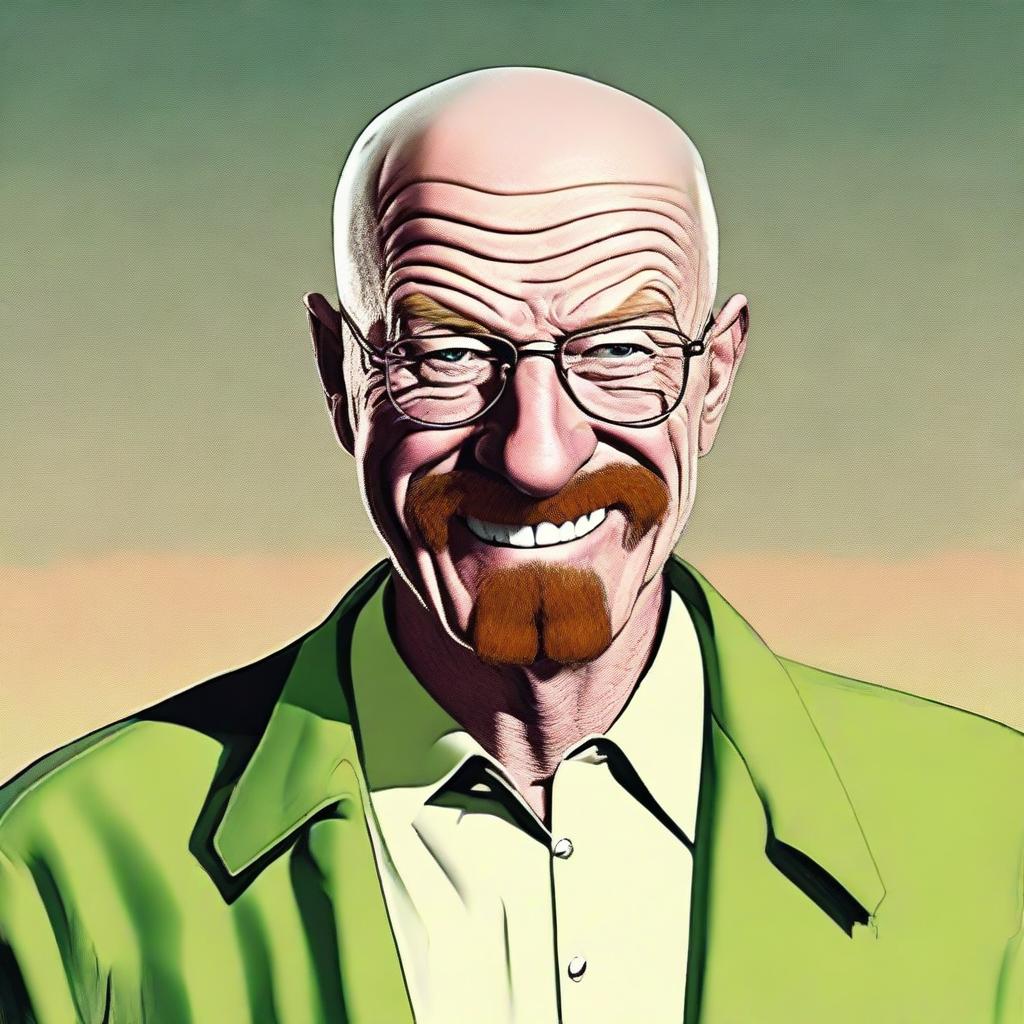 Further enhance the smile of Walter White to be even more exaggerated, cartoonish, and jubilant - inspired by a Dr. Seuss character's grin