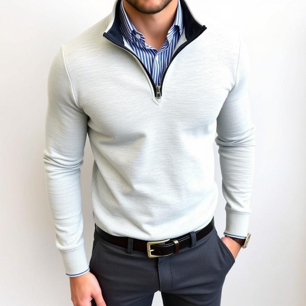 A stylish casual men's outfit featuring a light grey half-zip sweater layered over a blue striped shirt