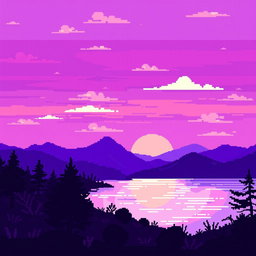 A pixel art landscape featuring vibrant purple tones with a stunning sunset