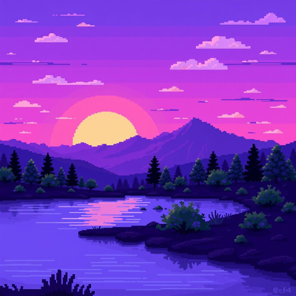 A pixel art landscape featuring vibrant purple tones with a stunning sunset