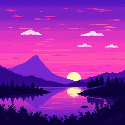 A pixel art landscape featuring vibrant purple tones with a stunning sunset