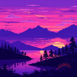 A pixel art landscape featuring vibrant purple tones with a stunning sunset