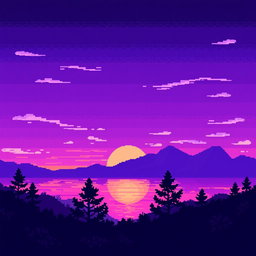 A pixel art landscape featuring various shades of purple during a stunning sunset