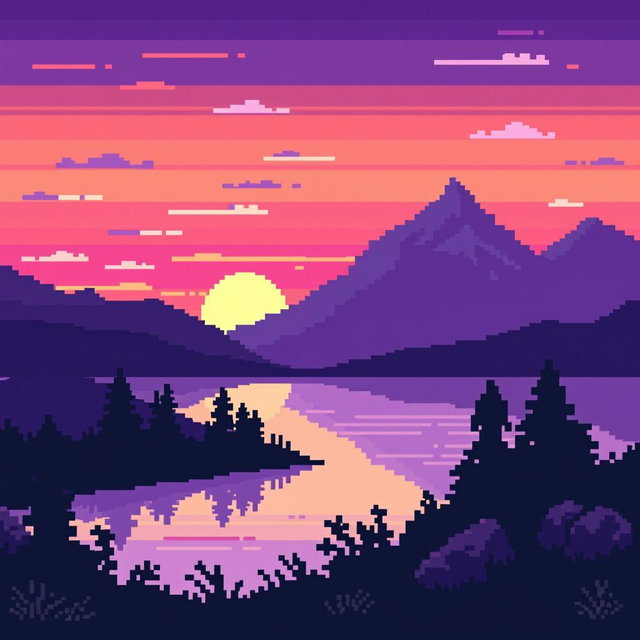 A pixel art landscape featuring various shades of purple during a stunning sunset