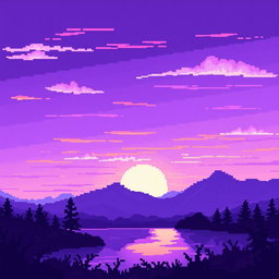 A pixel art landscape featuring various shades of purple during a stunning sunset