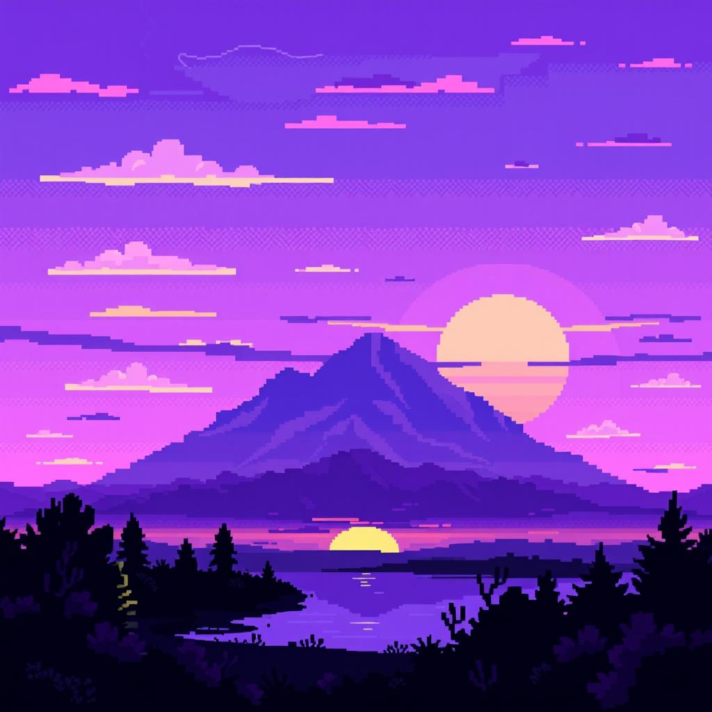 A pixel art landscape featuring various shades of purple during a stunning sunset
