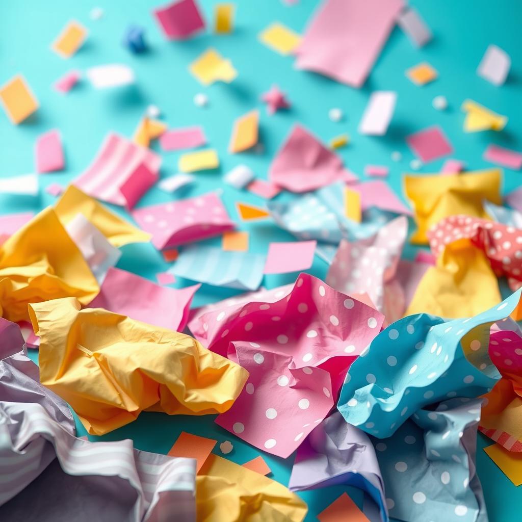 A vibrant background featuring scattered sheets of colorful paper, crumpled and laying flat, with various patterns including stripes and polka dots
