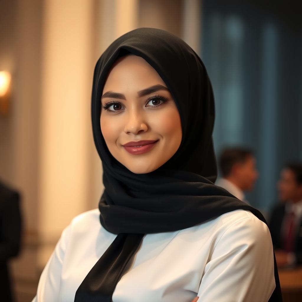 A formal portrait of a woman wearing a black hijab, paired with a crisp white shirt and a black tie