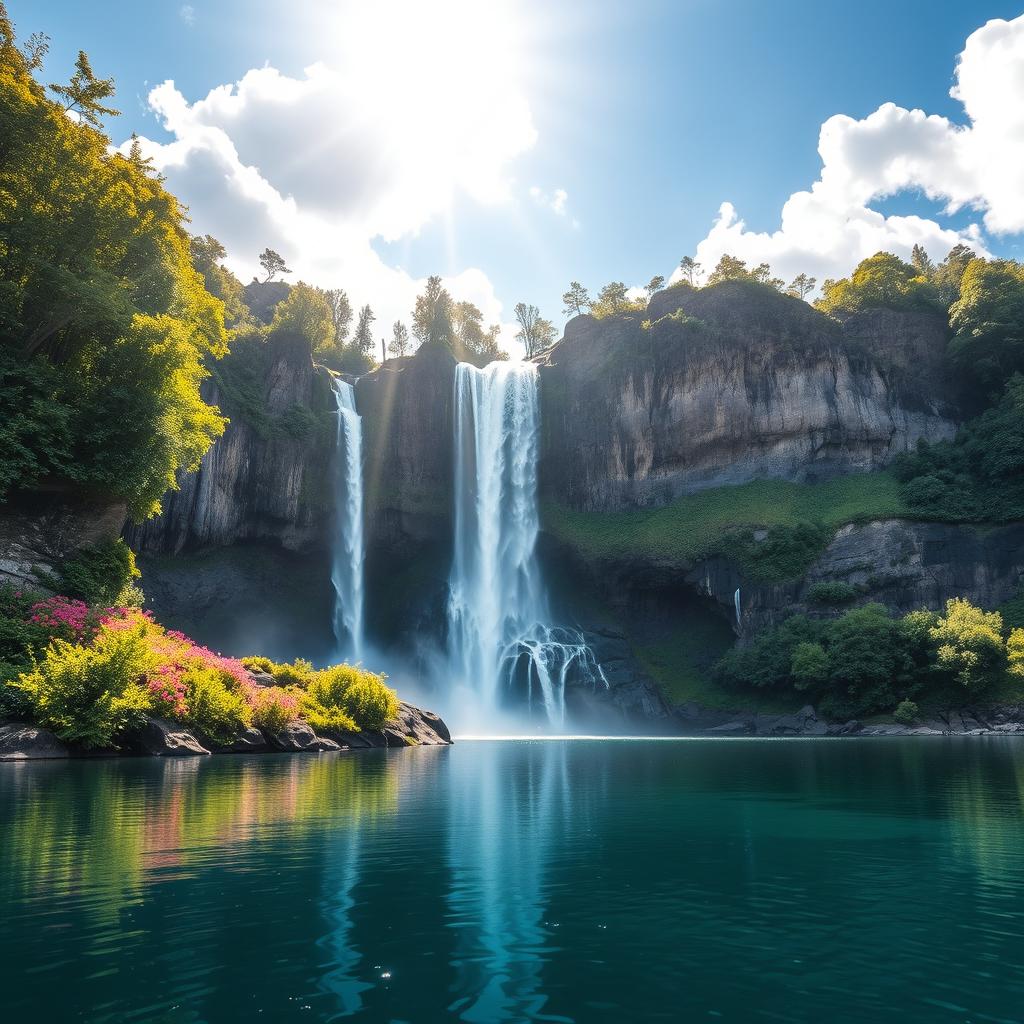 A stunning scene depicting the grandeur of nature, featuring a breathtaking waterfall cascading down a rocky cliff surrounded by lush greenery and vibrant flowers