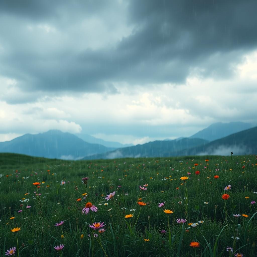 A mesmerizing landscape scene featuring a mysterious and serene ambiance, showcasing a gentle rain falling softly on a lush green meadow