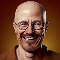 Amplify Walter White's smile to the extreme: a wildly exaggerated, ear-to-ear grin reminiscent of cartoon characters'