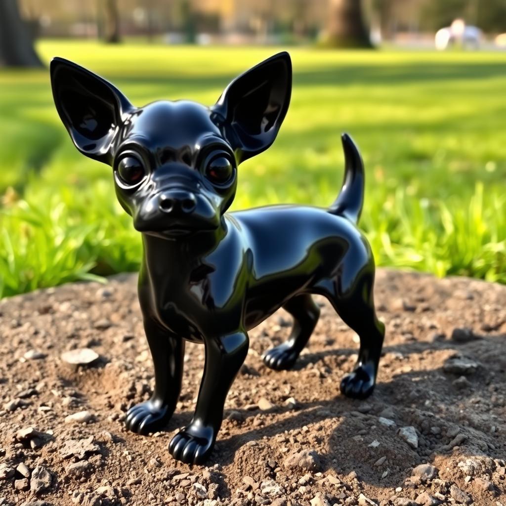 A small Pinscher dog sculpted from shiny black pitch, standing on a textured surface that mimics a natural environment