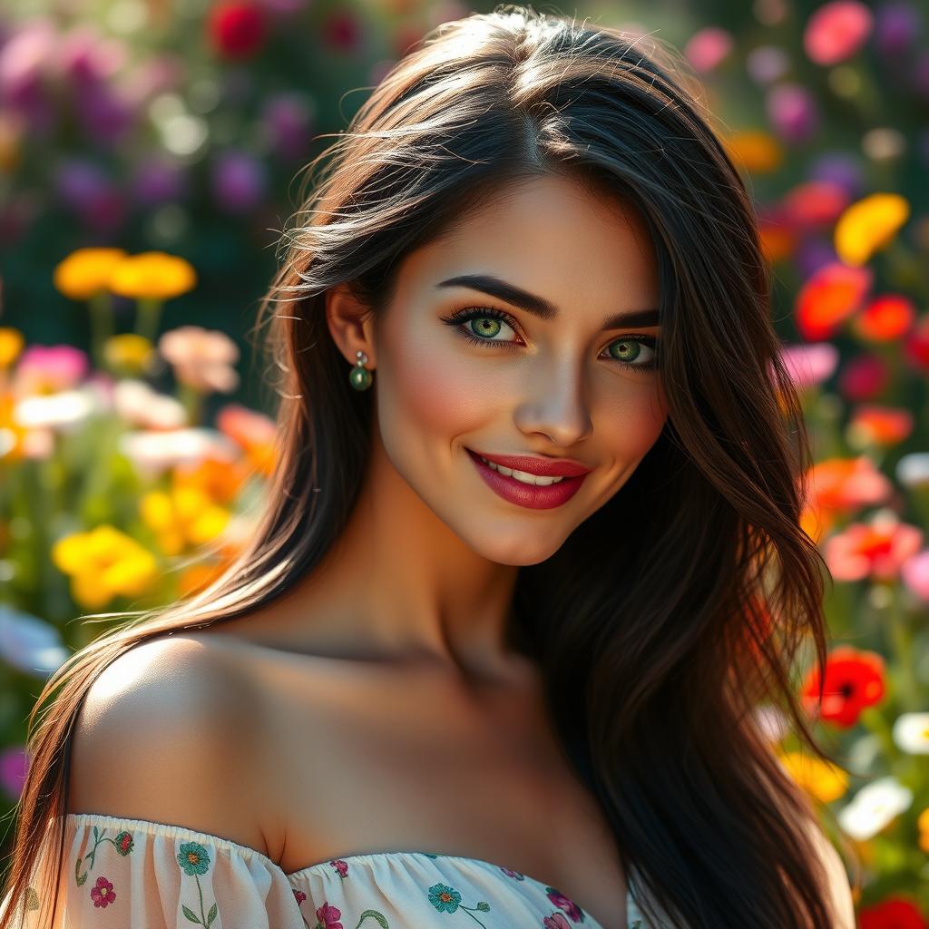 A stunning portrait of a beautiful woman with long, flowing black hair cascading over her shoulders
