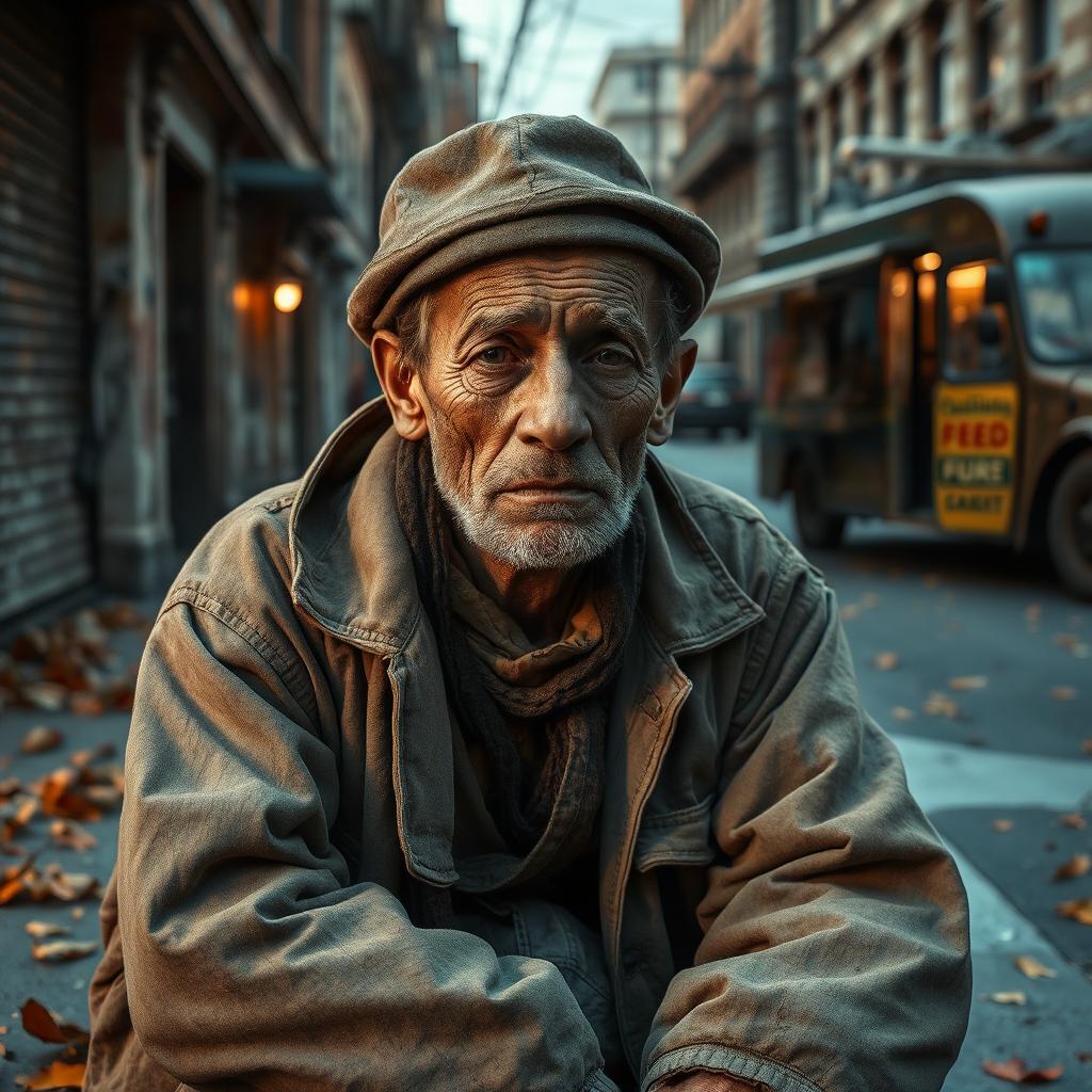 A heartfelt depiction of a poor man sitting on a city street, wearing tattered clothes and an old battered hat